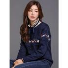 Pompom Flower-embroidered Sweater Navy Blue - One Size