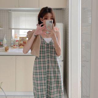 Spaghetti-strap Shirred-trim Plaid Dress