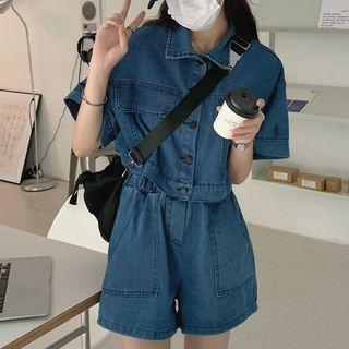 Set: Elbow-sleeve Denim Cropped Shirt + Wide Leg Shorts