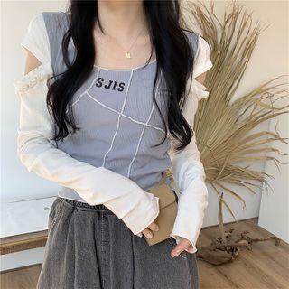 Long-sleeve Two Tone Letter Printed Cutout Top