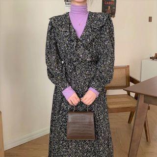 Long-sleeve Turtleneck Top / Long-sleeve Floral Print Midi Dress