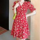V Necked Puff Sleeve Floral Dress