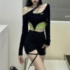 Long-sleeve One-shoulder Asymmetrical Cropped T-shirt / Cropped Camisole Top / Shorts / Set