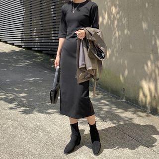 Elbow-sleeve Slit-back H-line Long Dress