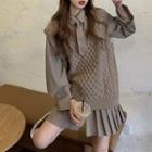 Cable Knit Sweater Vest / Long-sleeve Pleated Mini Dress