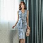 Striped Sleeveless V-neck Midi Dress