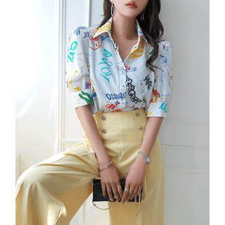 Puff-sleeve Scribble Print Shirt