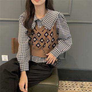 Long-sleeve Plaid Collar Blouse / Printed Vest