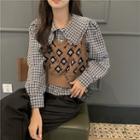 Long-sleeve Plaid Collar Blouse / Printed Vest