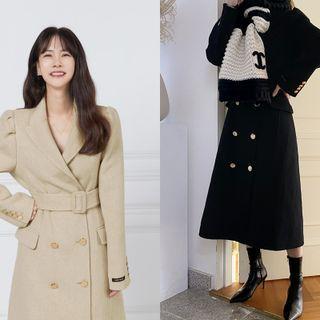 Puff-shoulder Double-breasted Long Coat