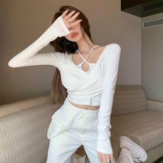 Mock Two-piece Cold-shoulder T-shirt / Wide Leg Pants