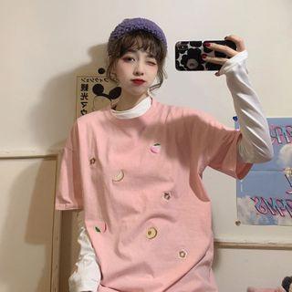 Fruit Embroidered Loose-fit T-shirt / Plain Long-sleeve T-shirt