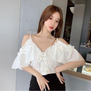 Off-shoulder Ruffle Trim Lace-up Chiffon Blouse White - One Size