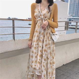 Spaghetti Strap Floral Print Ruffled Midi A-line Dress / Cardigan