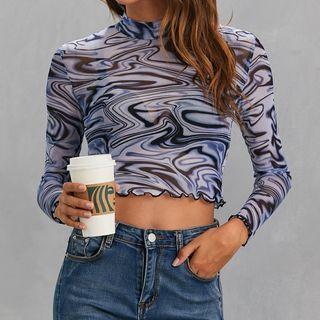 Printed Long-sleeve Cropped Mesh Top