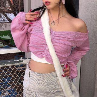 Off-shoulder Shirred Ribbed Cardigan
