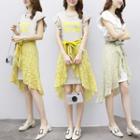 Set: Short-sleeve T-shirt Dress + Front-slit Lace Skirt