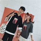 Couple Matching Cat Printed Hooded Elbow-sleeve T-shirt