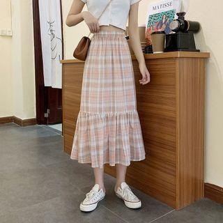 Plaid Midi Mermaid Skirt Plaid - Tangerine - One Size