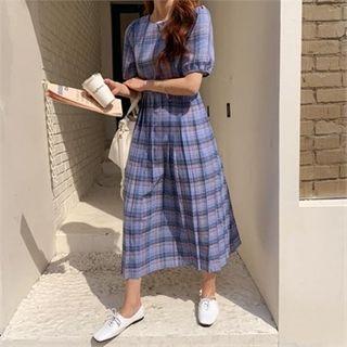 Pleated Plaid Dress Blue - One Size