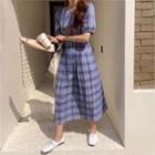 Pleated Plaid Dress Blue - One Size