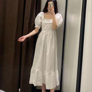 Puff-sleeve Plain Ruffle Dress