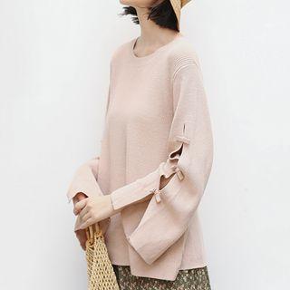 Slit Long Sleeve Plain Knit Top
