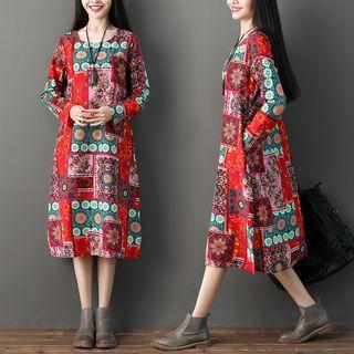 Long-sleeve Pattern Midi Dress