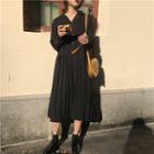 Long-sleeve Midi Pleated A-line Dress Black - One Size