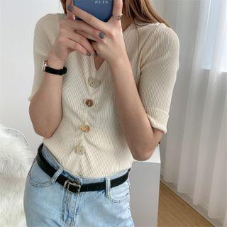 Short-sleeve Shirred V-neck Knit Top