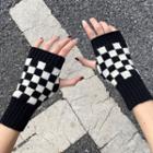 Checker Knit Fingerless Gloves Black & White - One Size