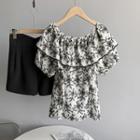 Short-sleeve Floral Embroidered Blouse / High Waist Plain Shorts