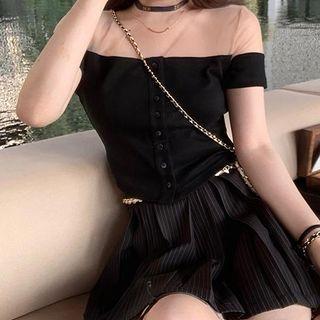 Short-sleeve Mesh Panel Button-up Knit Top