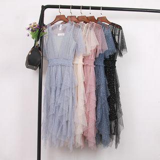 Set: Slipdress + Mesh Sequined Short-sleeve A-line Dress