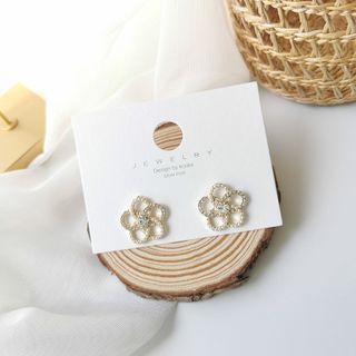 925 Sterling Silver Faux Pearl Rhinestone Flower Stud Earring 1 Pair - As Shown In Figure - One Size