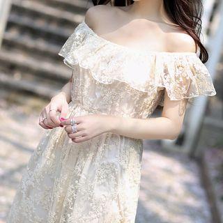 Off-shoulder Embroidered Short-sleeve Midi A-line Dress