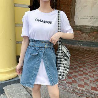 Set: Elbow-sleeve Letter T-shirt + Denim Skirt