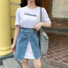 Set: Elbow-sleeve Letter T-shirt + Denim Skirt