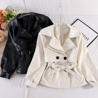 Lapel Faux Leather Bow Jacket