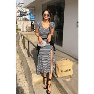 Scoop-neck Striped Long Dress
