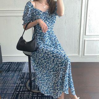 Frill Trim Short Sleeve Square Neck Floral Print Chiffon Dress