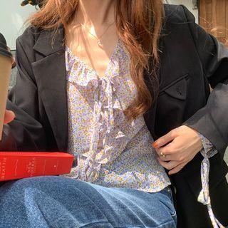 Long-sleeve Floral Print Lace Up Top