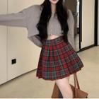 Cropped Zip Hoodie / Plaid Pleated Skirt