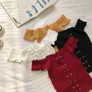 Plain Off-shoulder Drawcord Ruffled-trim Short-sleeve Knit Top