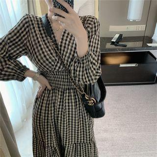 Plaid Long-sleeve Tiered Midi A-line Dress