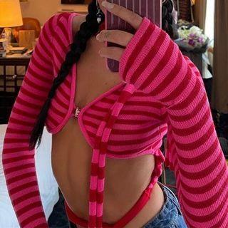 Striped Tie-waist Knit Shrug