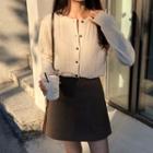 Crew-neck Cable Knit Cardigan / High Waist A-line Skirt