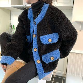 Fleece Two-tone Loose-fit Coat Blue - One Size