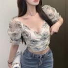 Short-sleeve V-neck Floral Crop Top White - One Size