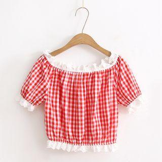 Off-shoulder Frilled Check Top